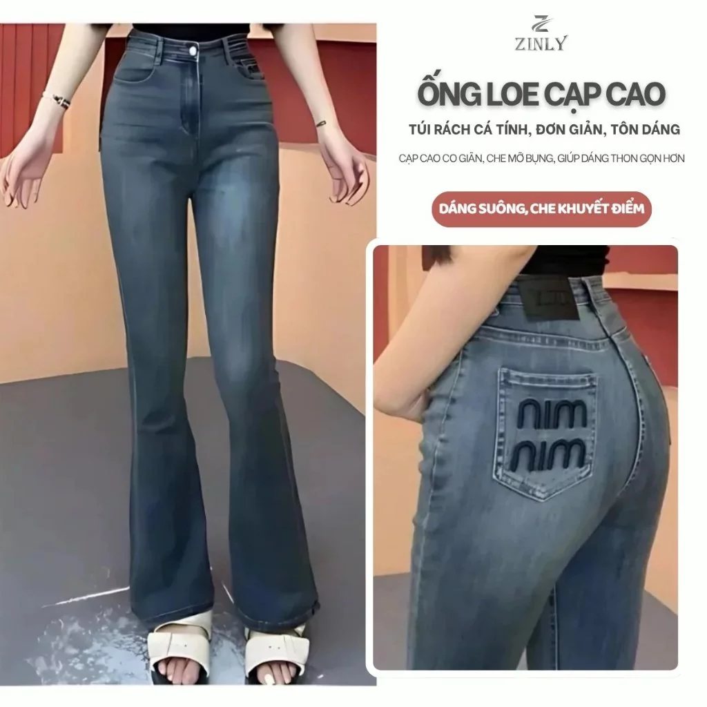 Quần Jean Nữ Ống Loe Cạp Cao Túi Thêu Chữ Màu Bụi Form Ngắn Và Dài Q329