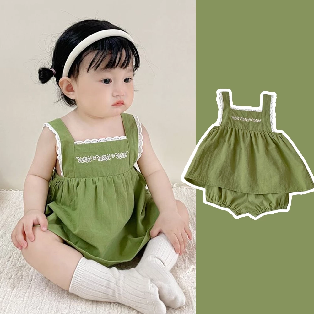 Bộ đồ hai mảnh dễ thương cho bé gái: váy không tay và quần short phù hợp cho 0-24 tháng