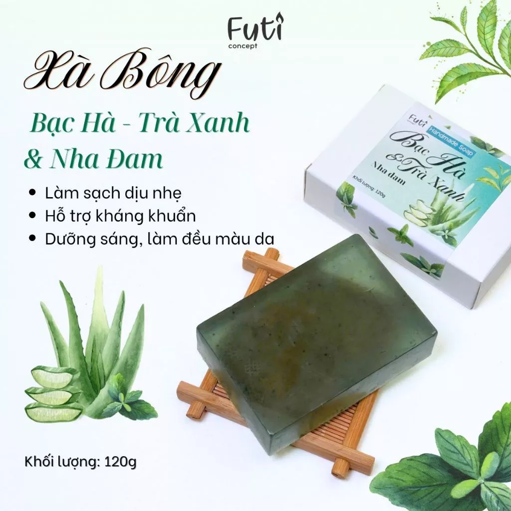 Xà Bông Handmade 120gr,Xà Bông Bạc Hà,Trà Xanh & Nha Đam, Làm Sạch Mát Lành, Dưỡng Da Mềm Mại, Hương Thơm Tươi Mát