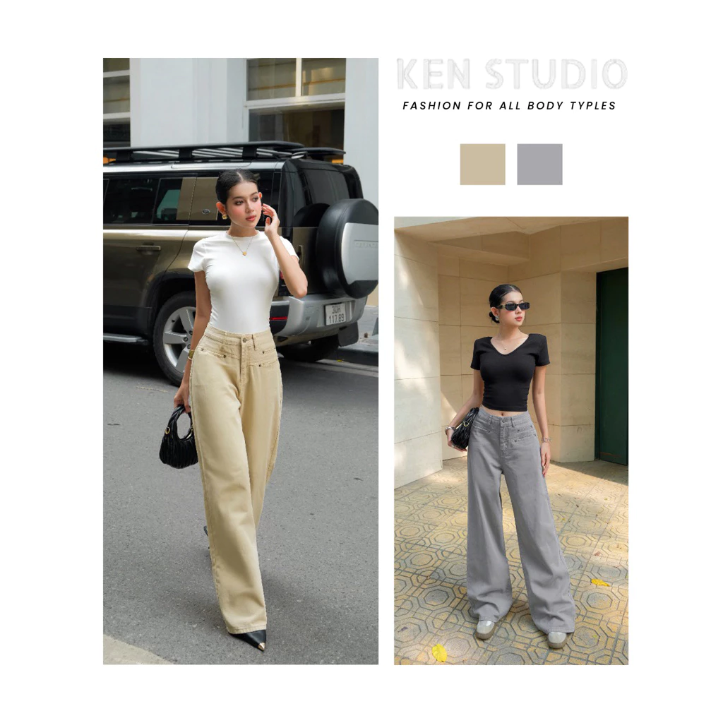 Quần Jeans Nữ Ống Rộng , Quần Jeans Suông Ken Túi Moi Màu Be Cao Cấp[Q018]