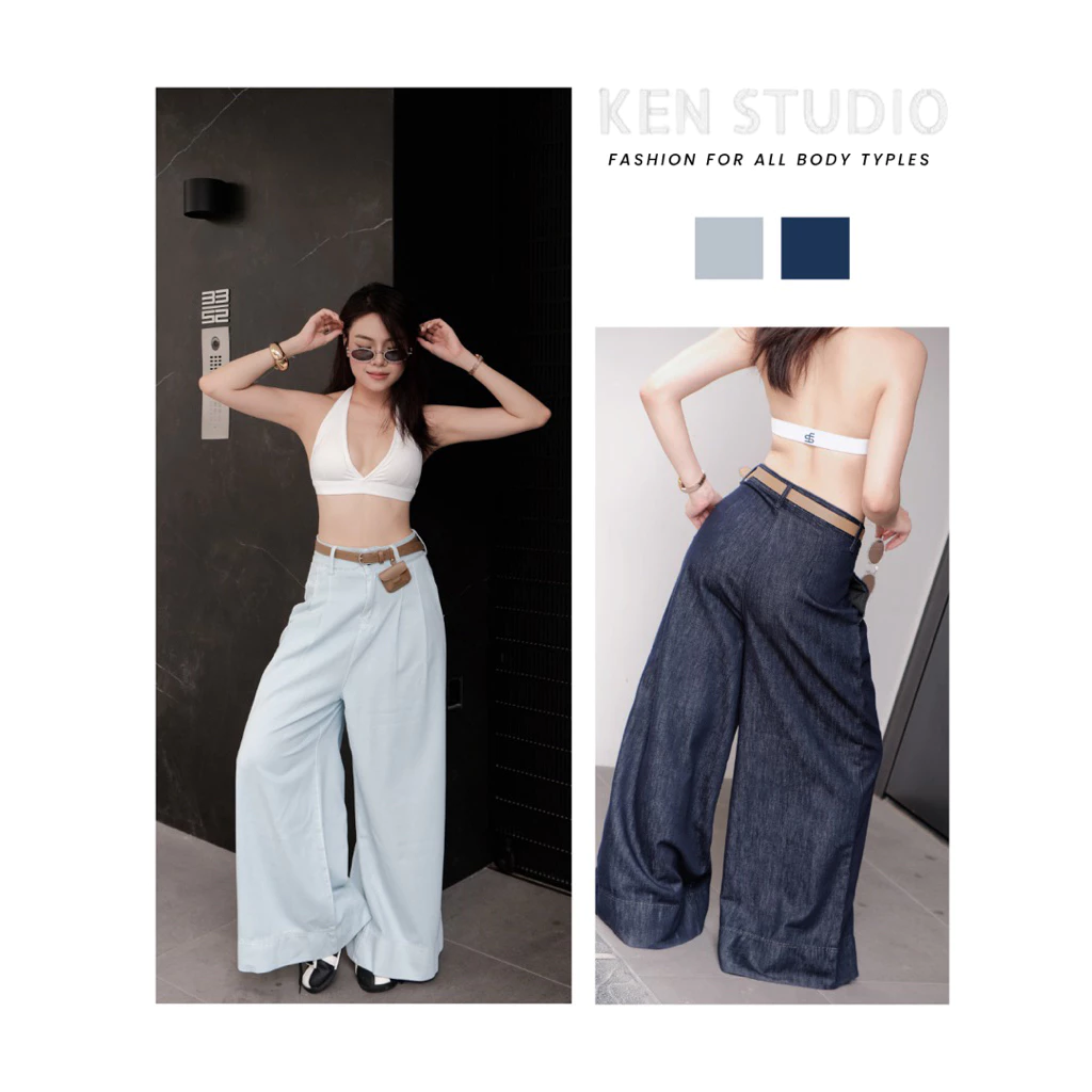 Quần Jeans Suông Nữ Ken , Quần Jeans Ống Rộng Thắt Lưng Ví Xếp Ly Trước Q025