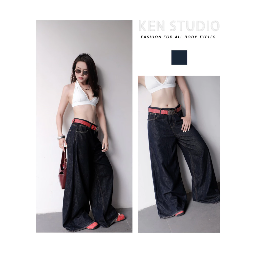 Quần Jeans Suông Nữ Ken , Quần Jeans Ống Rộng Giả Váy Màu Xanh Than Chỉ Vàng Nổi Q028