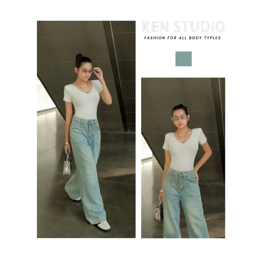 Quần Jeans Suông Nữ Ken , Quần Jeans Ống Rộng Đính Đá Cao Cấp Màu Xanh Trắng Q027
