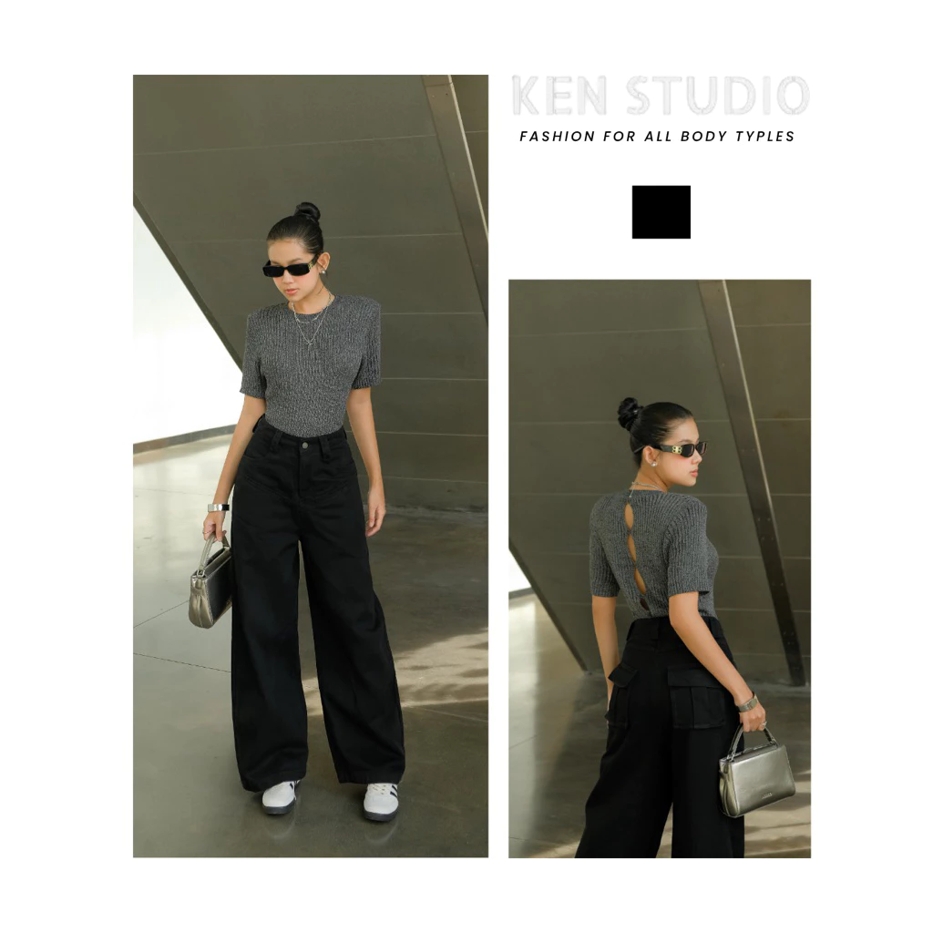 Quần Jeans Nữ Màu Đen,Quần Suông Ống Đứng Đáp Gấu Túi Hộp Sau Cá Tính Trẻ Trung Của Ken Studio[Q026]