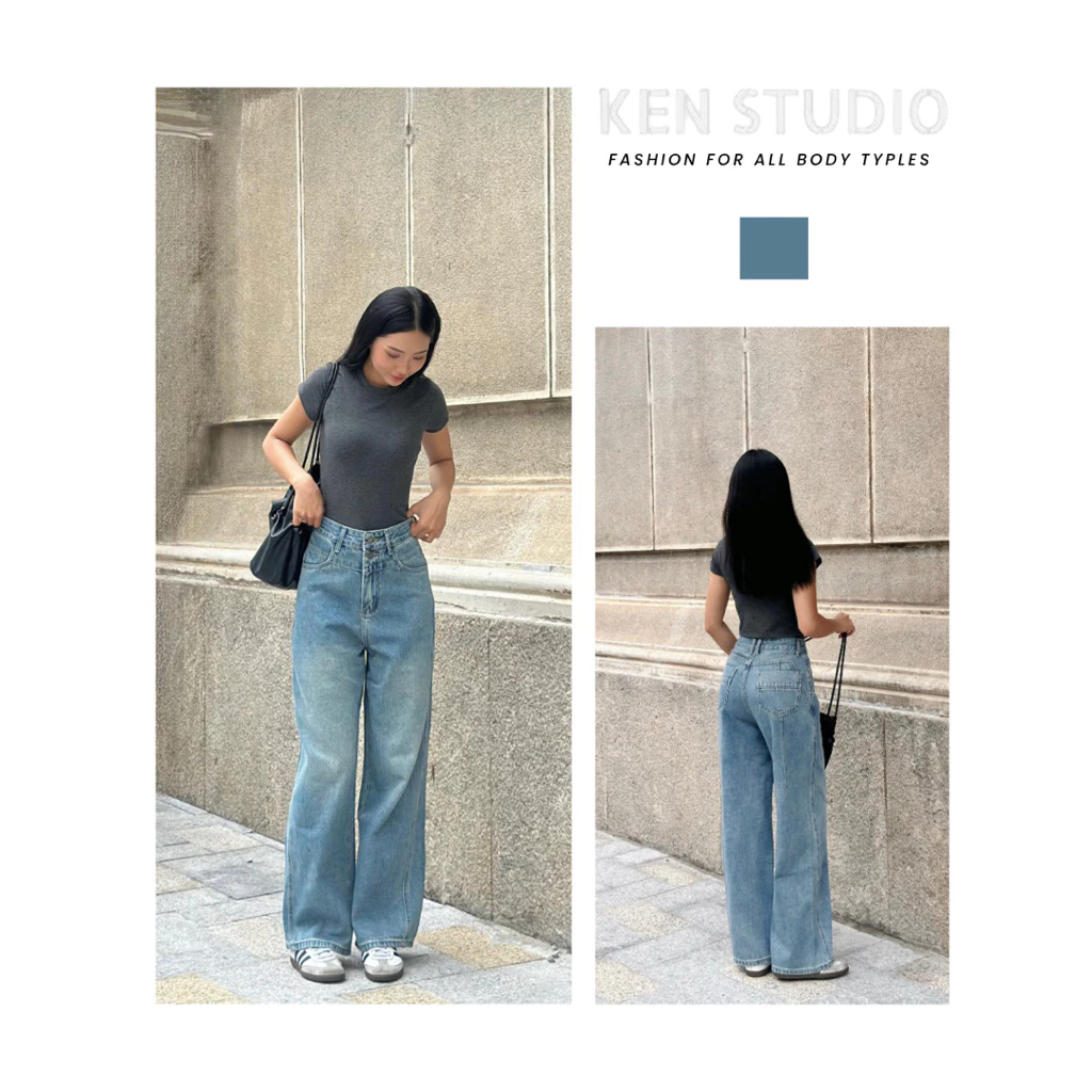 Quần Jeans Suông Nữ , Ống Rộng 2 Khuy Trước Túi Sau Kẻ Ly Màu Xanh Basic Kenstudio [Q024]