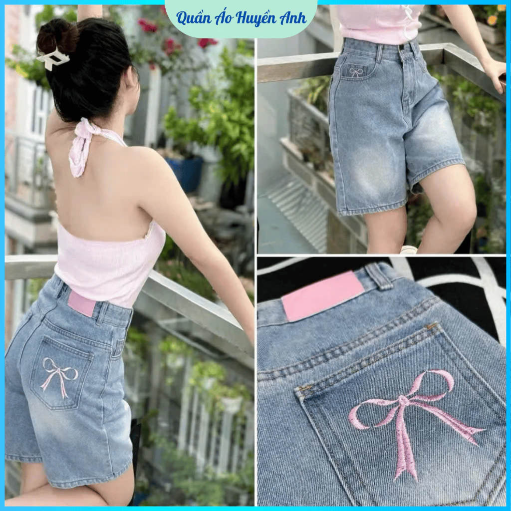 Quần jeans short đùi thêu nơ hồng cạp khuy khoá