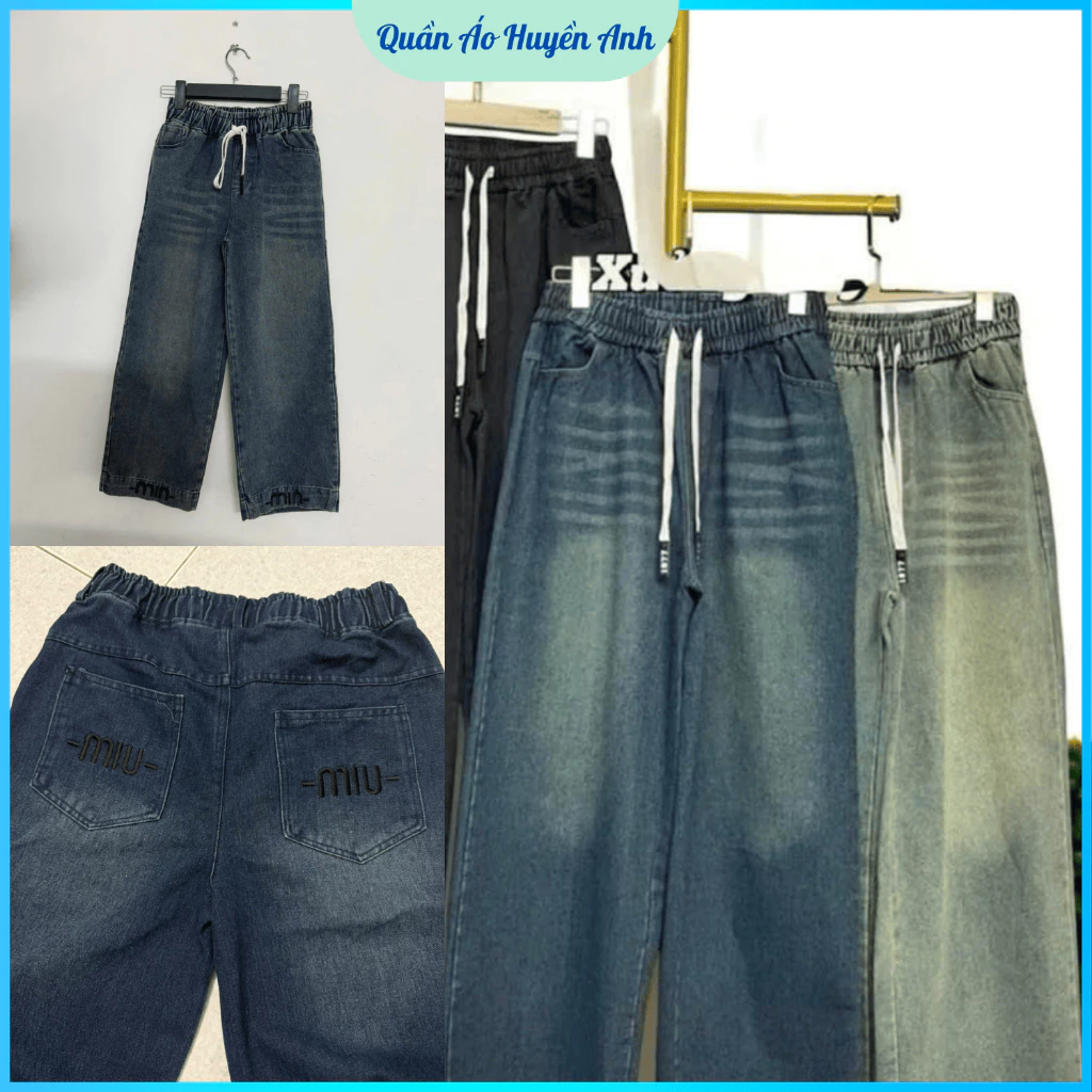 Quần suông nấm jean dài ống rộng thêu chữ Min túi và gấu [M3388]