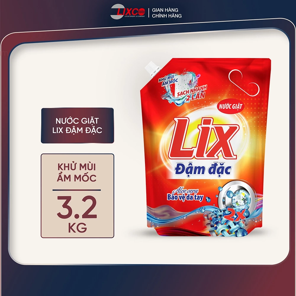 Nước giặt Lix đậm đặc sạch thơm hương hoa túi 3.2kg làm sạch cực nhanh vết bẩn tăng gấp đôi sức mạnh giặt tẩy quần áo