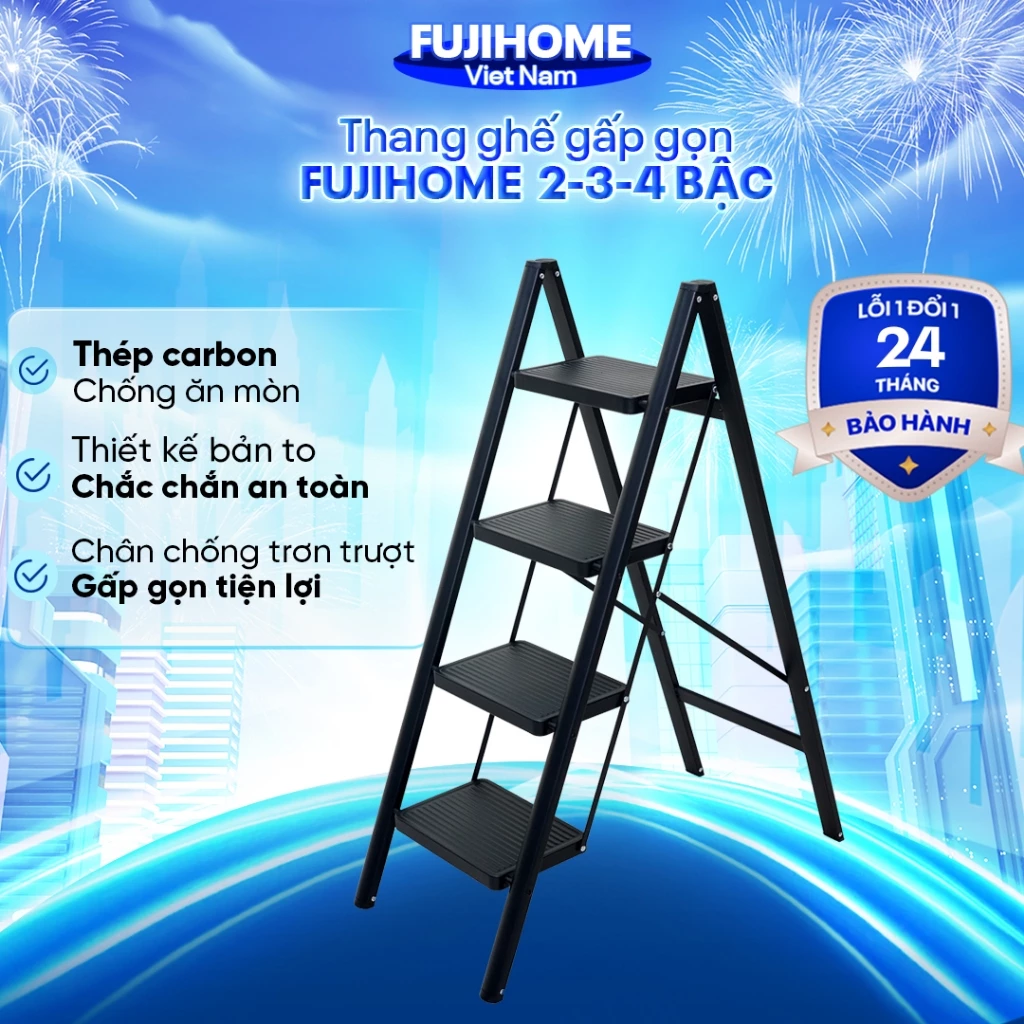 Thang xếp gấp gọn 2- 4 bậc thép carbon Nhập Khẩu FUJIHOME, thang ghế chữ A gấp gọn đa năng thắp nhang gia đình