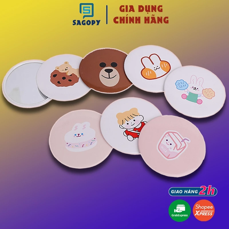 Combo 5 gương mini cầm tay cute bỏ túi để bàn hoạt hình, gương trang điểm 1 mặt Hàn quốc vintage S P
