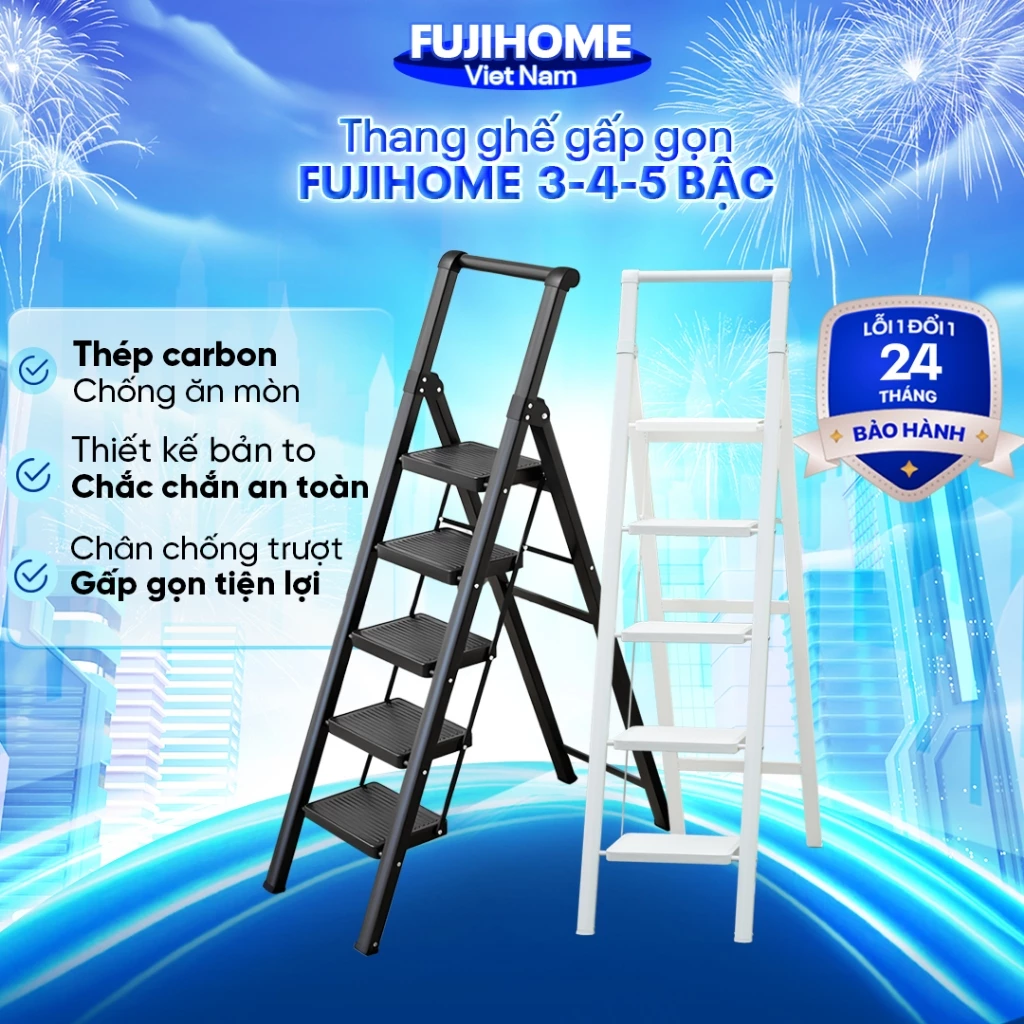 Thang ghế tay vịn chữ A 5 bậc thép carbon xếp gọn FUJIHOME Nhập Khẩu, thang ghế gia đình đa năng step ladder