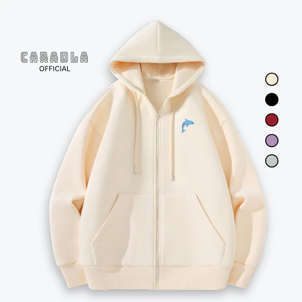 Áo Khoác Hoodie Zip Hình THÊU Unisex Nam Nữ CARADLA  BST Cá Heo Chất Nỉ Bông Form Rộng Mũ 2 Lớp
