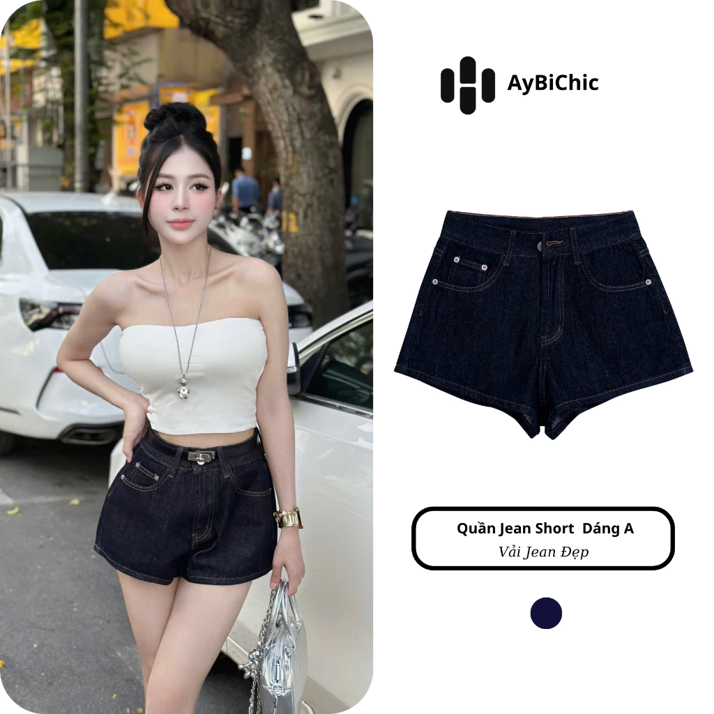 Quần Short Jean Nữ Women, Quần Đùi Cạp Cao Phối Túi Cực Đẹp Dáng A Tôn Dáng Mặc Siêu Xinh AyBiChic AB223