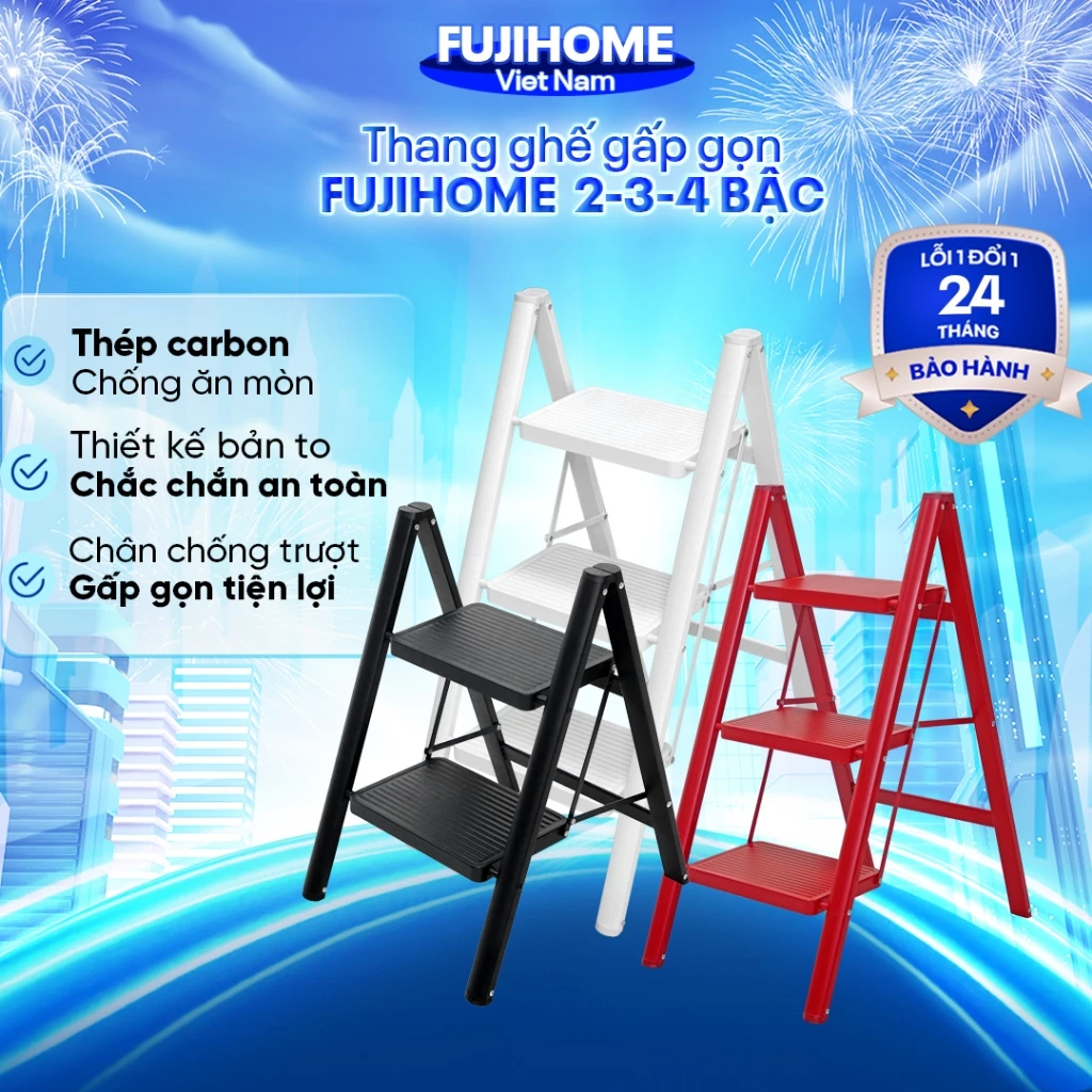 Thang xếp gấp gọn 2-3-4 bậc thép carbon Nhập Khẩu FUJIHOME, thang ghế chữ A gấp gọn đa năng gia đình bản to chống trượt
