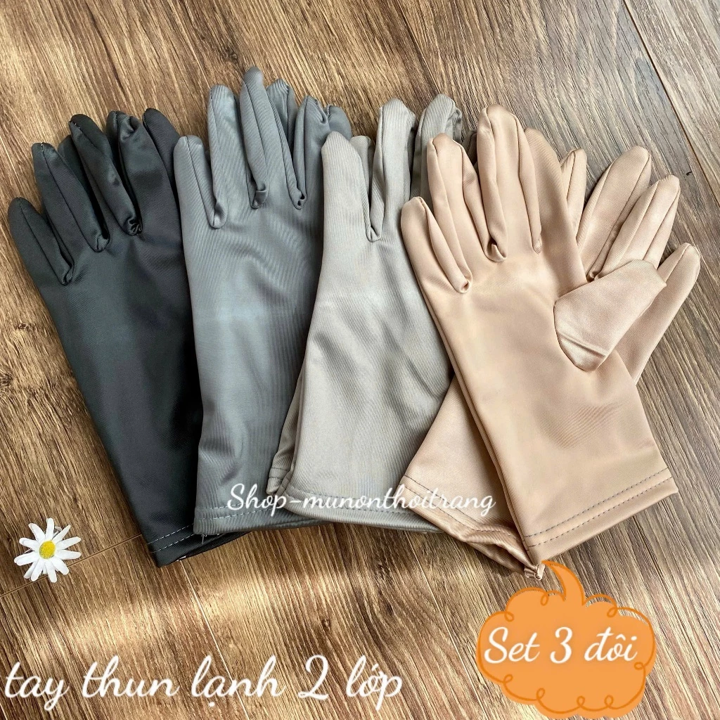 Găng tay chống nắng vải thun 2 lớp nhiều màu, bao tay chống nắng set 3 đôi