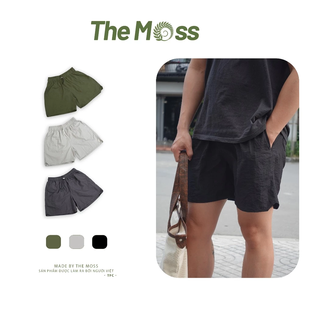 The Moss - Quần Short Dù Nhăn Basic Form Trên Gối, Cạp Chun Dây Rút, Chất Dù Nhẹ Thoáng Mát