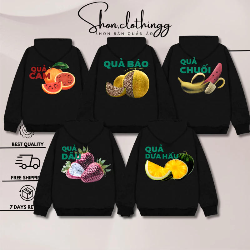 Áo Khoác Hoodie Zip In Hình Trái Cây Sắc Nét Chất Nỉ Bông Dày Dặn Full Tem Tag Mạc Hot Trend 2025