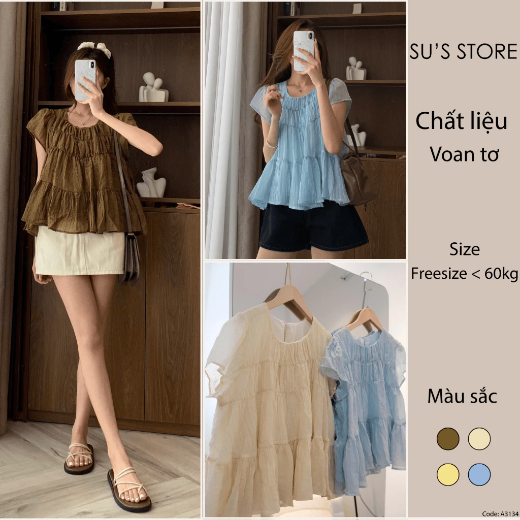 Áo Babydoll Nhúm Trước Đũi Bèo Tầng A3134 Susstore Thời Trang Nữ