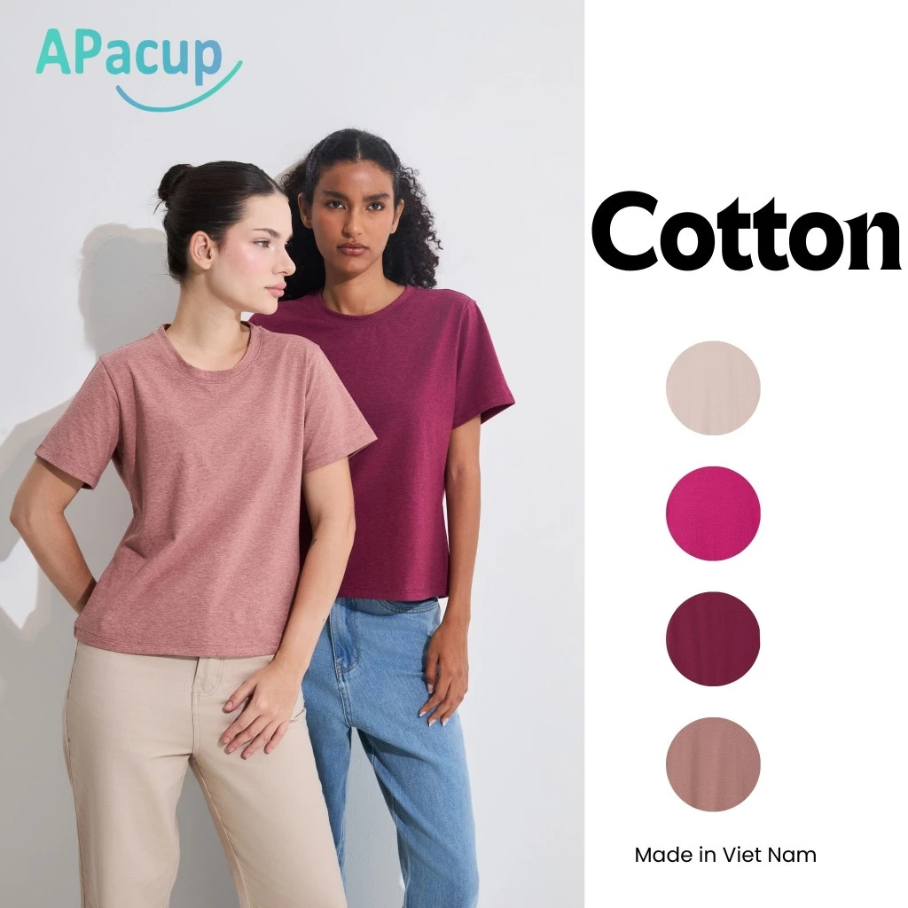 Áo Thun Nữ Cotton Apacup Cổ Tròn Form Suông Co Giãn 4 Chiều Mềm Mịn Chính Hãng