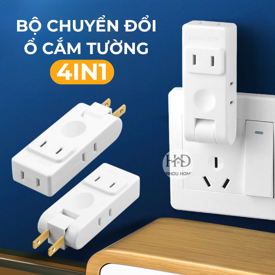 Bộ chuyển đổi ổ cắm EU 4 cổng xoay 180 độ, công suất 2500W, 16A – thiết kế an toàn, chống cháy, tiện lợi du lịch.