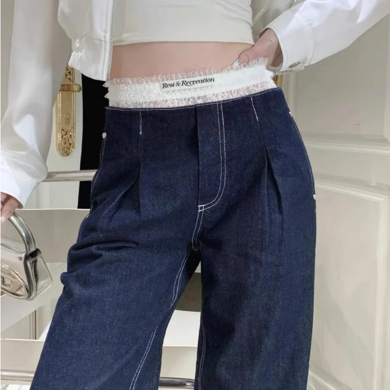 Hàn Quốc restandrecreation ren nối hai lớp quần đùi rộng eo cao RR Jeans cho nữ sinh