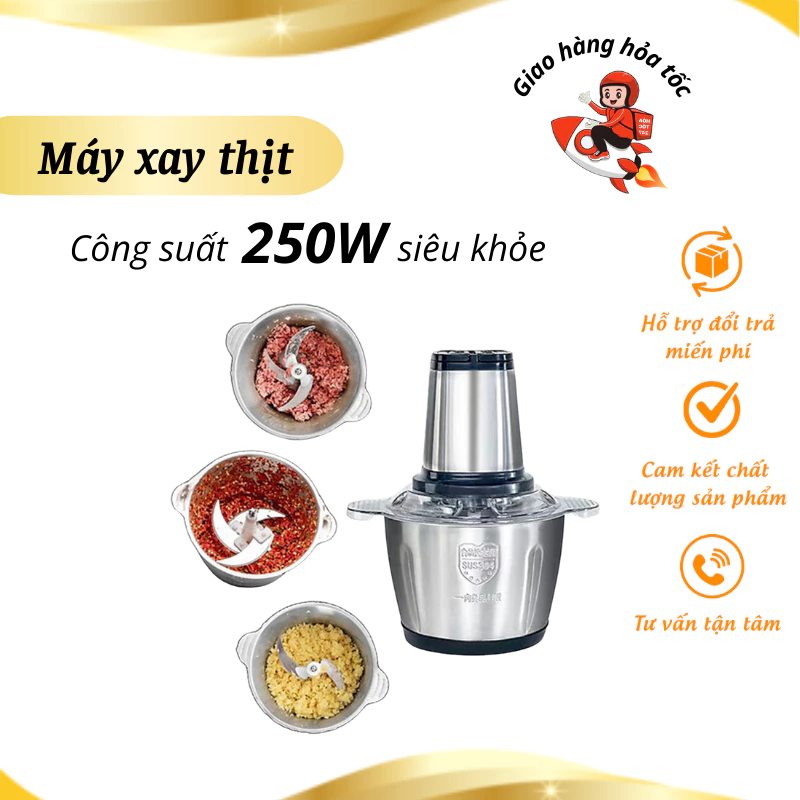 Máy xay thịt cối inox 4 lưỡi đa năng công suất 250w, máy xay mini cầm tay siêu khỏe dễ dàng sử dụng bảo hành 12 tháng