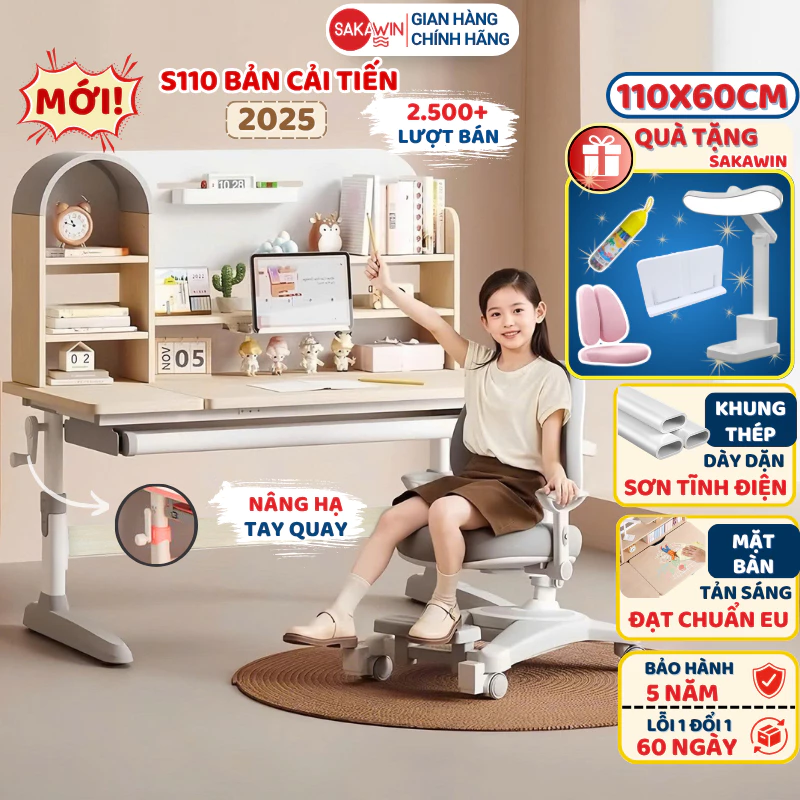 [ĐẶC BIỆT] Bộ bàn học thông minh cao cấp Sakawin S110 Bàn học chống gù cho bé kèm giá sách vòm Kích thước lớn 1m1