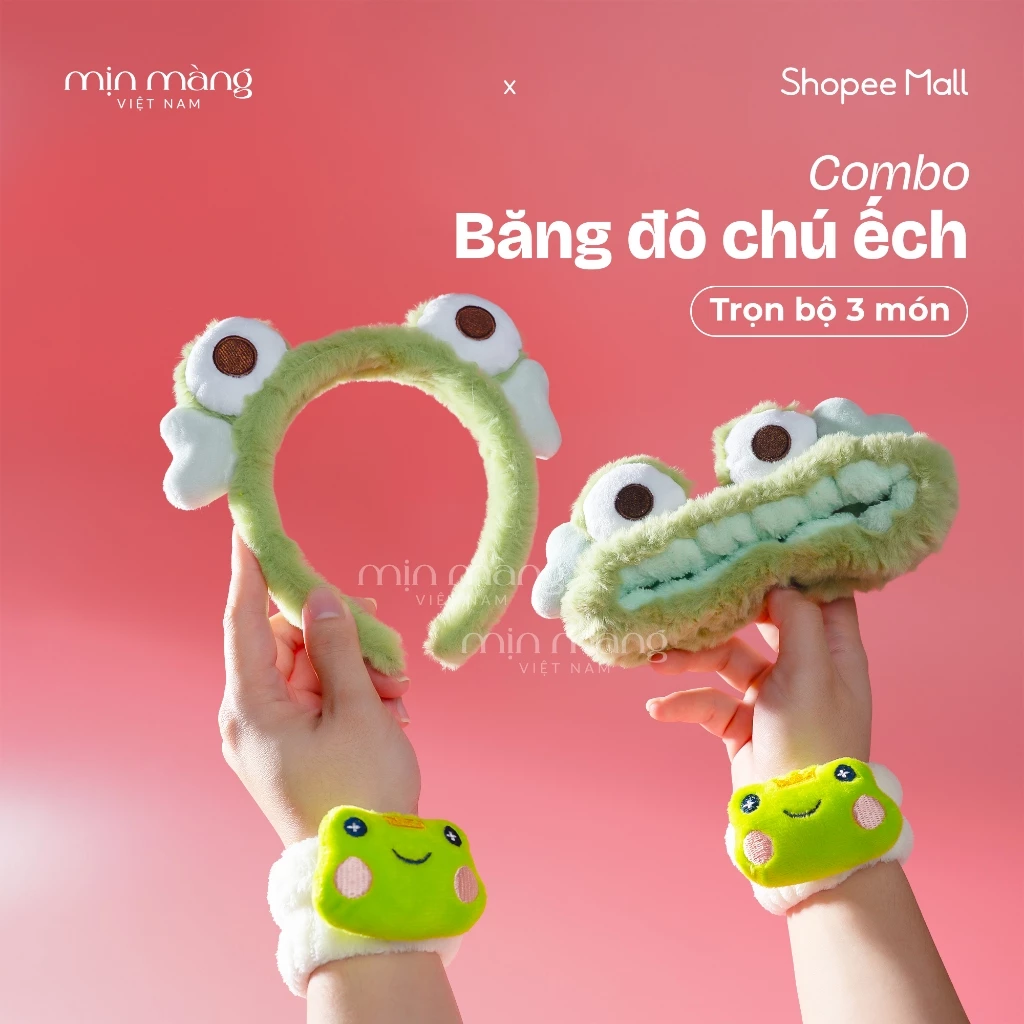 Băng Đô Rửa Mặt Đeo Tay MỊN MÀNG, Cài Tóc, Bông Dày Tránh Nước Combo 3 Món Dễ Thương HÌNH CHÚ ẾCH