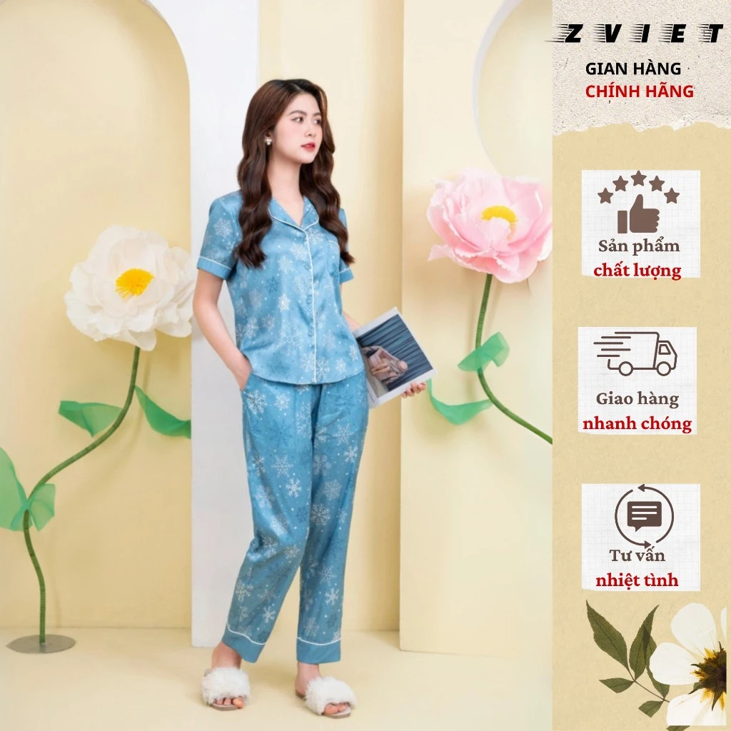 Bộ pijama cao cấp Zviet quần dài chất liệu Lụa latin mềm mịn kiểu dáng nhẹ nhàng thanh lịch _ CD10