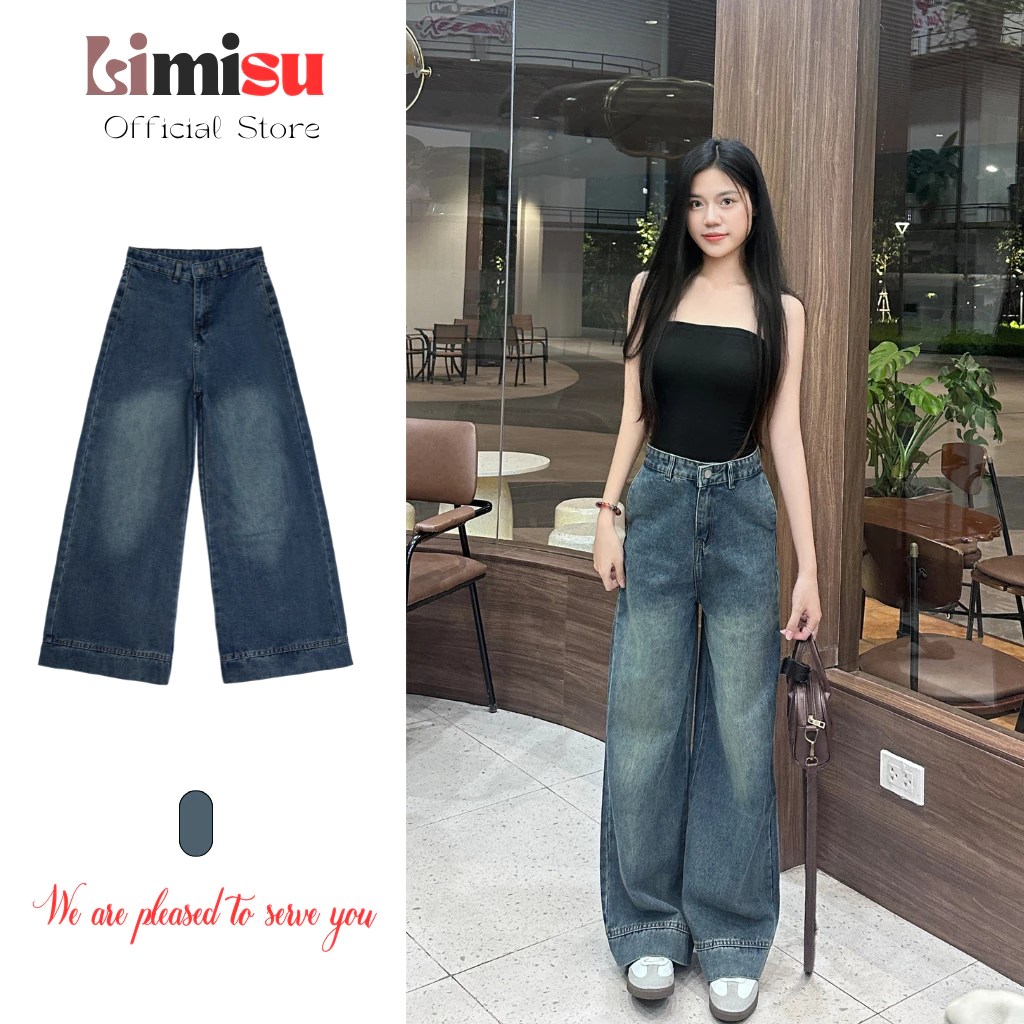Quần Jean Nữ Ống Rộng LIMISU, Quần Bò Ống Suông Cạp Cao Màu Wash Retro