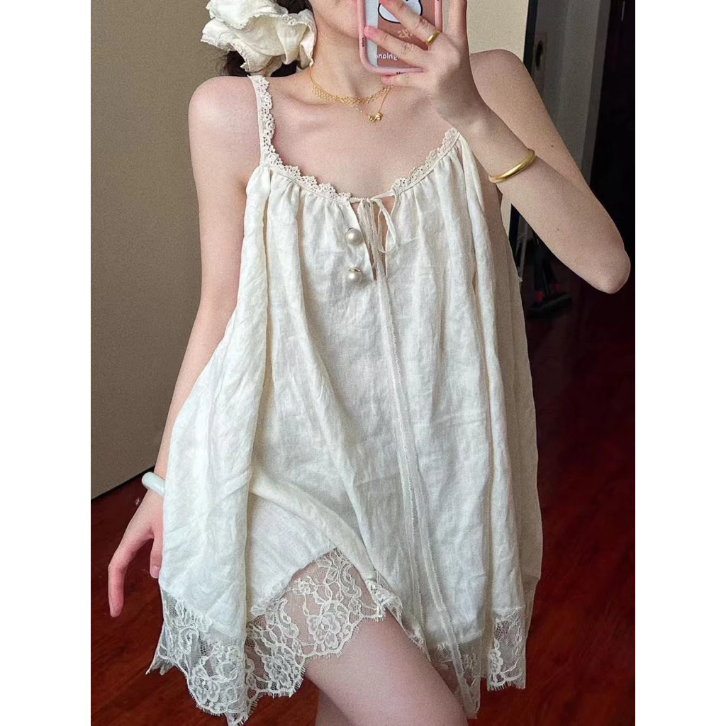 [437] Đầm ngủ hai dây cho nữ phối ren điệu đà gợi cảm,sexy màu Be chất đũi mềm mát thoải mái dáng suông rộng