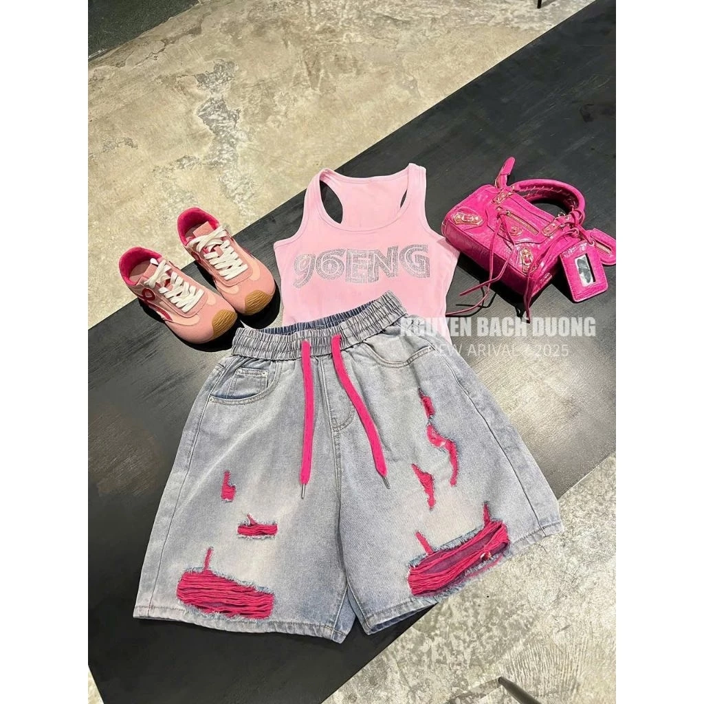 Quần Short Jean Ngố Rách Tua Rua Hồng, Xanh, Vàng, Cạp Chun Lưng Cao, Vải Jean Thổ Dày Dặn Mềm Mịn