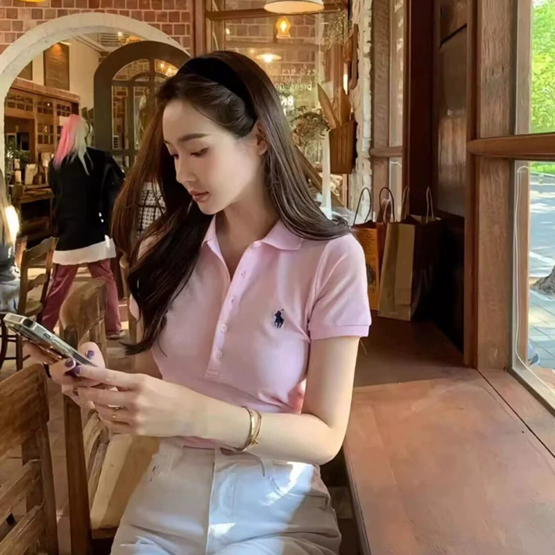 Áo Polo Nữ RL Logo Con Ngựa Áo Polo Tay Ngắn Áo Polo Kẻ Sọc Áo Polo Nữ Áo Thun Khắc Logo Áo Polo 5 Nút