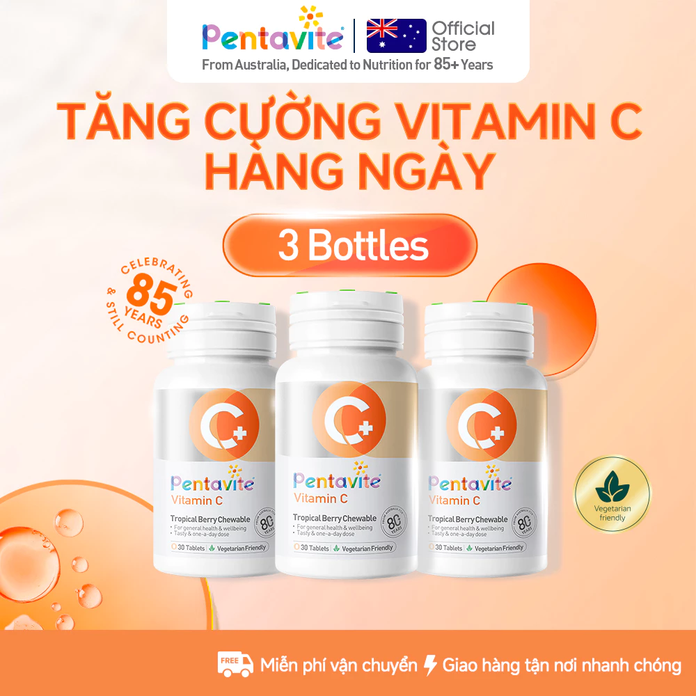 Pentavite Vitamin C vị dâu nhiệt đới nhai được (30 viên, dùng cho người lớn) Vitamin C kẹo que (bộ 3 chai).
