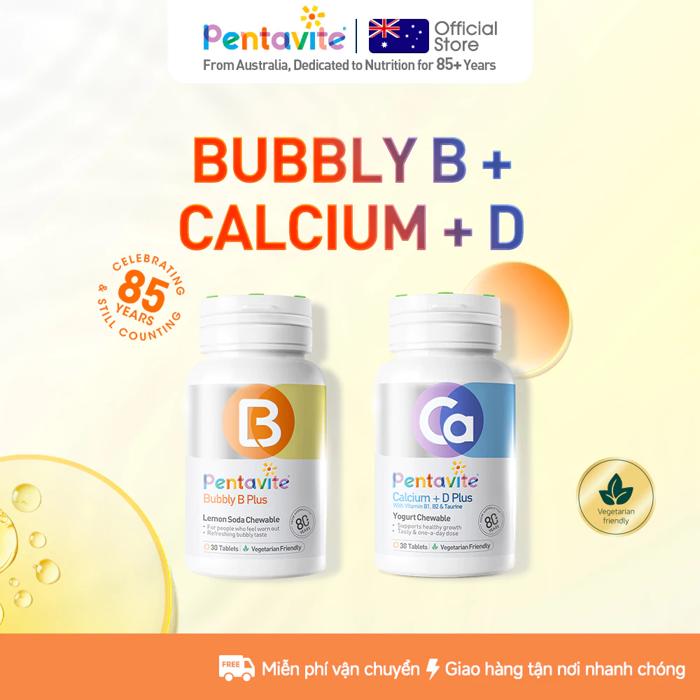 Pentavite Bộ 2 Chai（Bubbly B + Calcium+D Plus）Viên Nhai 60 Viên Bổ Sung Vitamin B & Canxi, Hỗ Trợ Thần Kinh & Miễn Dịch
