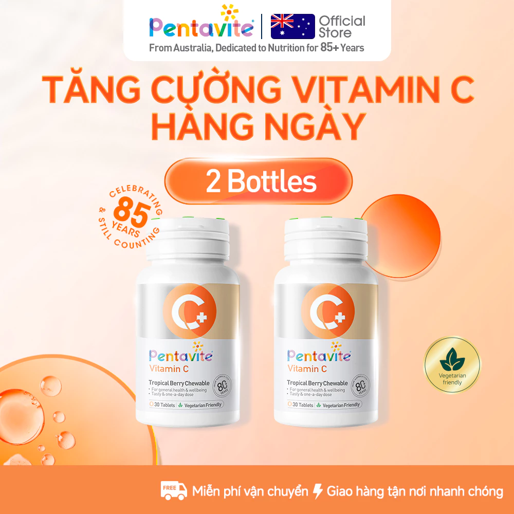 Bộ 2 chai Pentavite Vitamin C Tropical Berry (30 viên, dành cho người lớn), bổ sung Vitamin C, hương vị nhiệt đới.