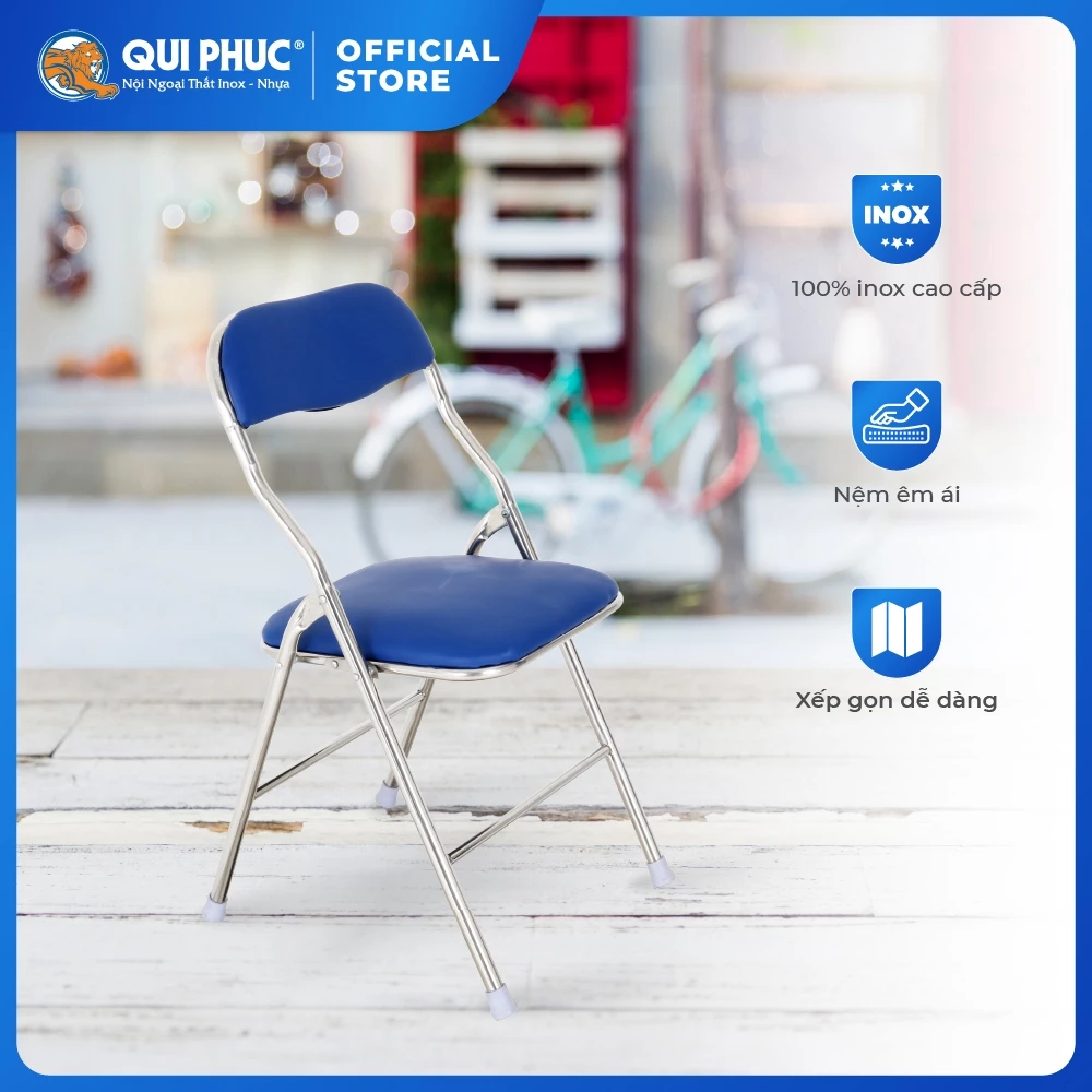 Ghế văn phòng QUI PHÚC, nệm ngồi, tựa lưng thoải mái, khung inox bền chắc, gấp gọn tiện lợi