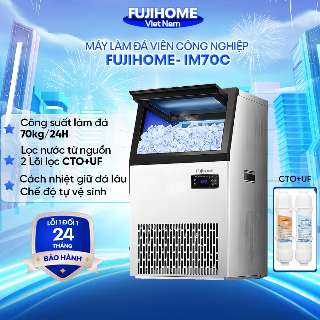 Máy làm đá viên sạch công nghiệp kèm lọc nước UF công suất 70kg/ngày Fujihome IM70C Nhập Khẩu, cho nhà hàng quán caffe