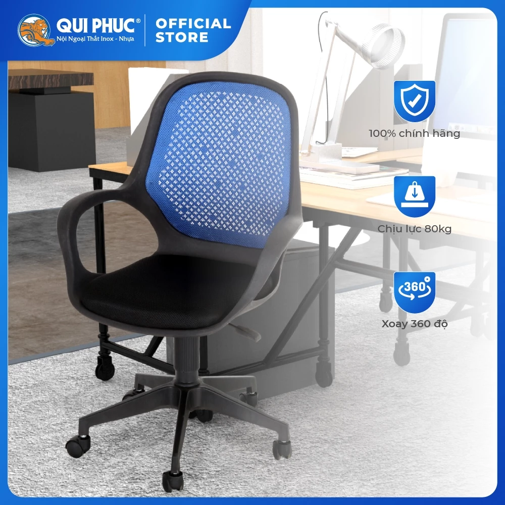 Ghế văn phòng Dona QUI PHÚC, lưng lưới, dễ lắp đặt, chắc chắn, bền bỉ, chân xoay 360 độ, linh hoạt