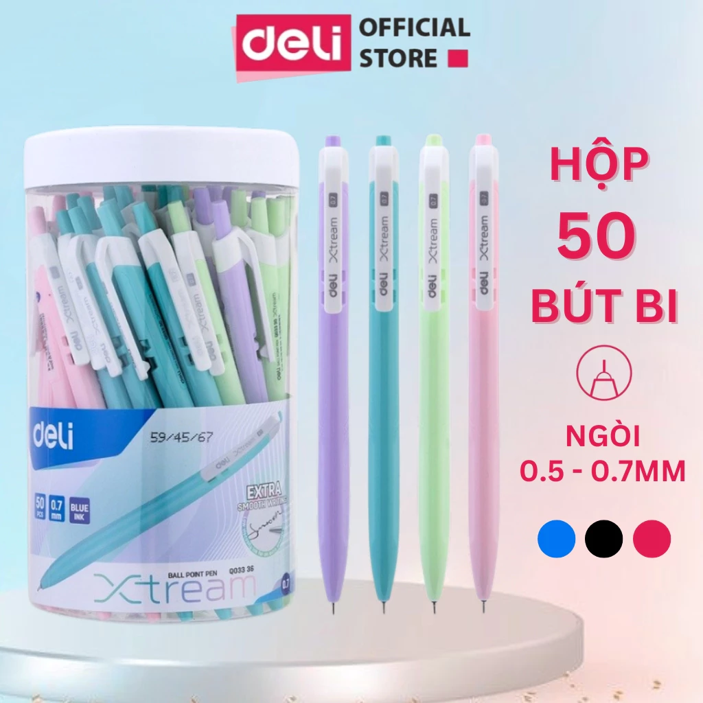 Hộp 50 Bút Bi Xanh/ Đen/ Đỏ Deli Ngòi 0.7mm/0.5mm Đều Mực Trơn Tru Viết Bi Học Sinh Văn Phòng Màu Pastel Đều Nét