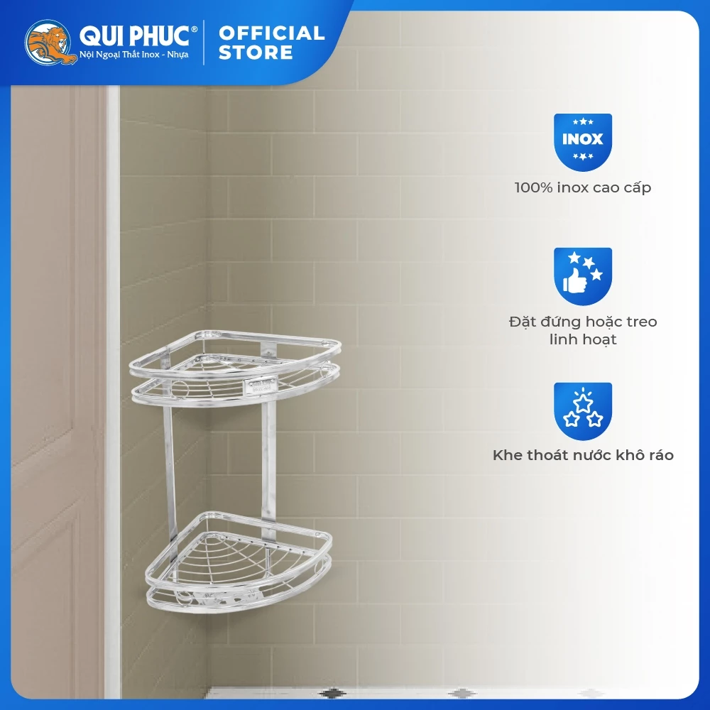 Kệ góc nhà tắm Win QUI PHÚC, inox cao cấp, không gỉ, 2 tầng tiện lợi, tiết kiệm không gian
