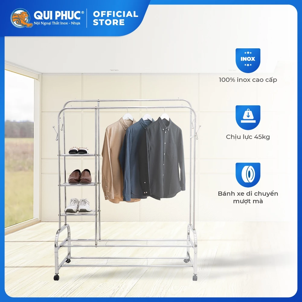 Sào phơi quần áo Dona Smart QUI PHÚC, inox cao cấp, chống gỉ sét, bền chắc, chân có bánh xe