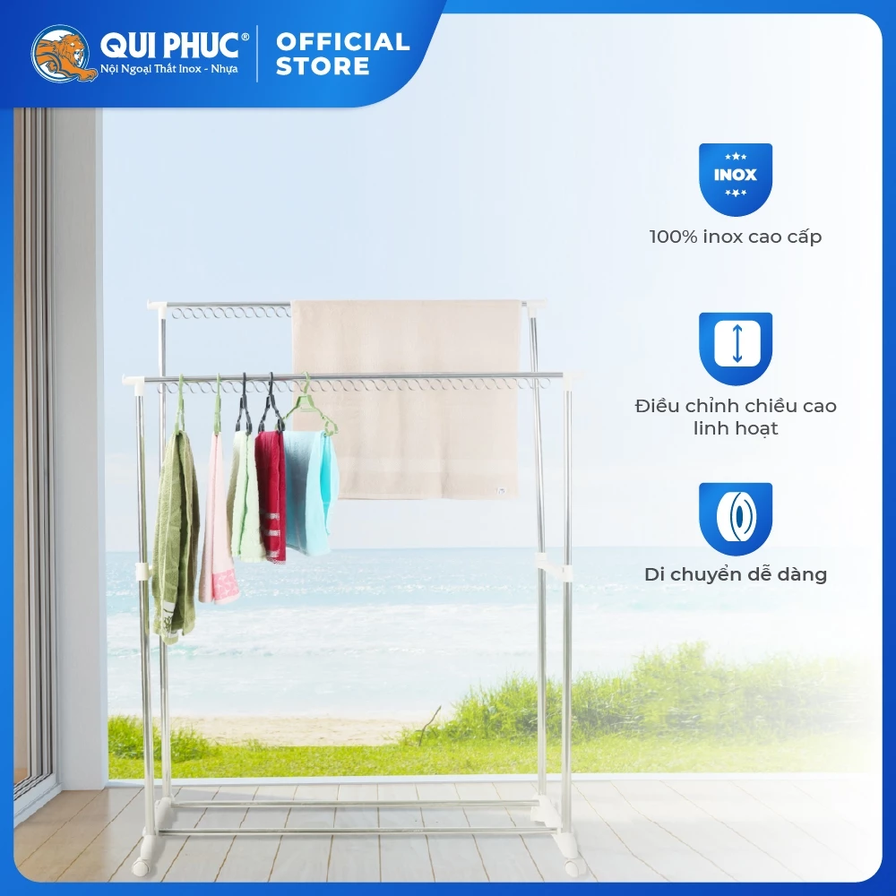 Sào phơi quần áo QUI PHÚC, khung inox phi 25, chắc chắn, chiều cao tăng chỉnh linh hoạt, có bánh xe