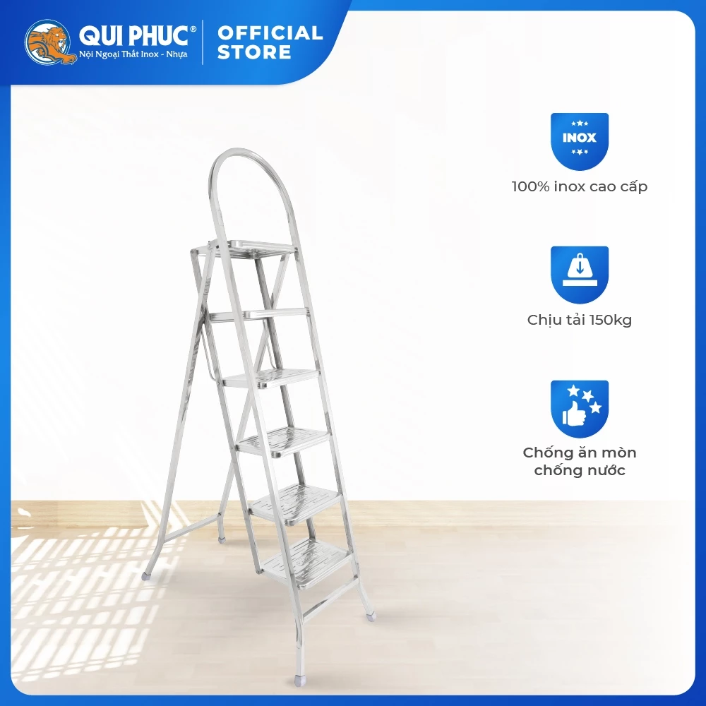 Thang inox chữ A QUI PHÚC, inox cao cấp, chịu lực tốt, gấp gọn tiện lợi, chân chống trượt
