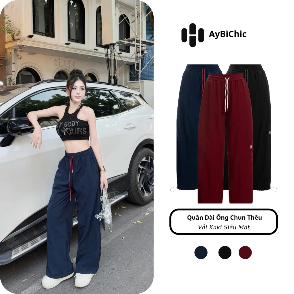 Quần Dài Nữ Women Họa Tiết Thêu Logo Ống Xuông Có Dây Chun Ông Quần Chất Liệu Gio Siêu Thoáng Mát AyBi AB194