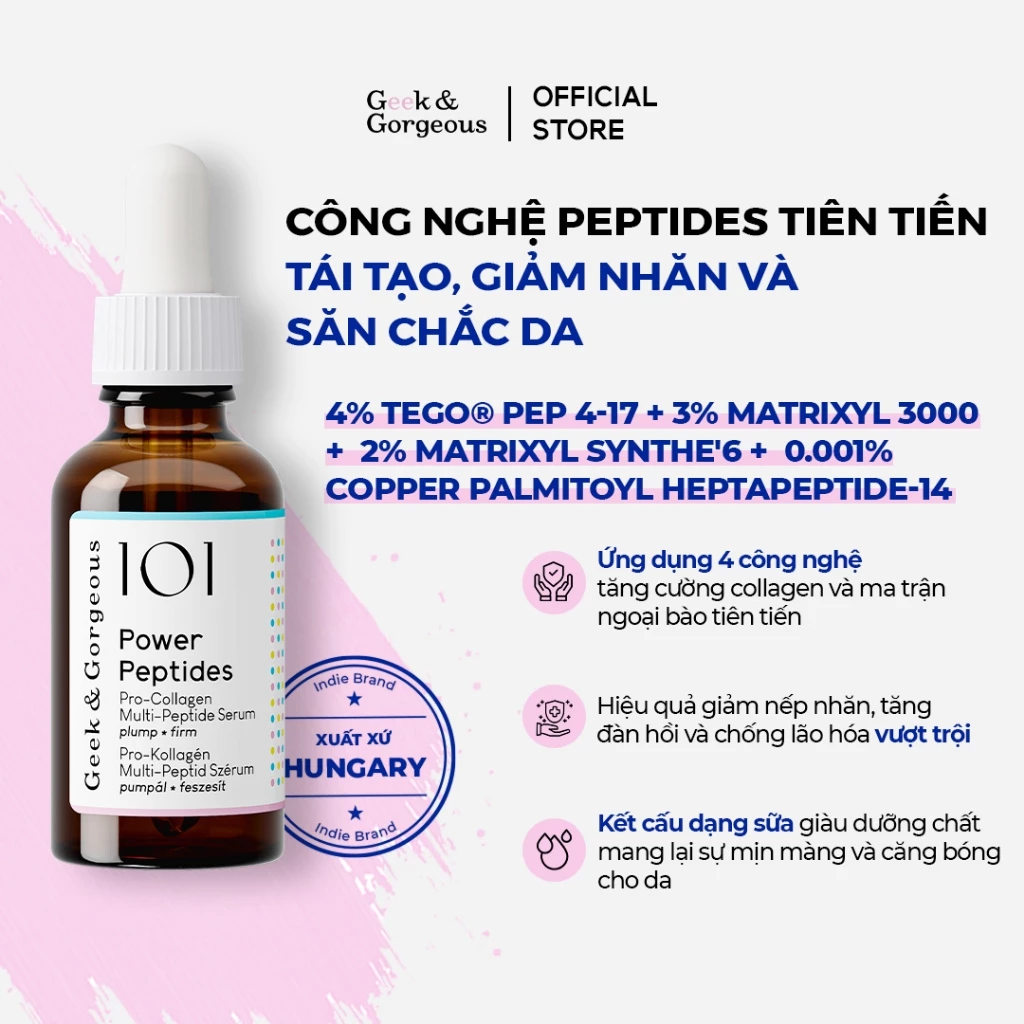 Tinh Chất Kích Thích Tăng Sinh Collagen, Giảm Nếp Nhăn, Phục Hồi Geek&Gorgeous Power Peptides 30ml