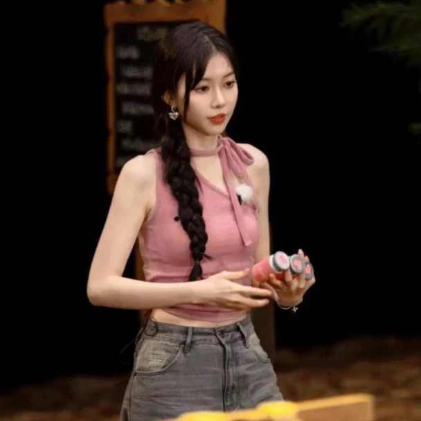 Hàn Quốc restandrecreation treo cổ ruy băng chéo vai hở vai RR hottie sling vest đan