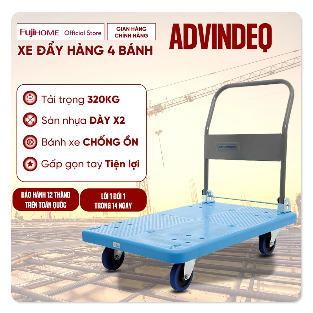 Xe đẩy hàng 4 bánh 300kg gấp gọn nhập khẩu ADVINDEQ, xe kéo hàng xếp gọn chính hãng bánh xe chống ồn