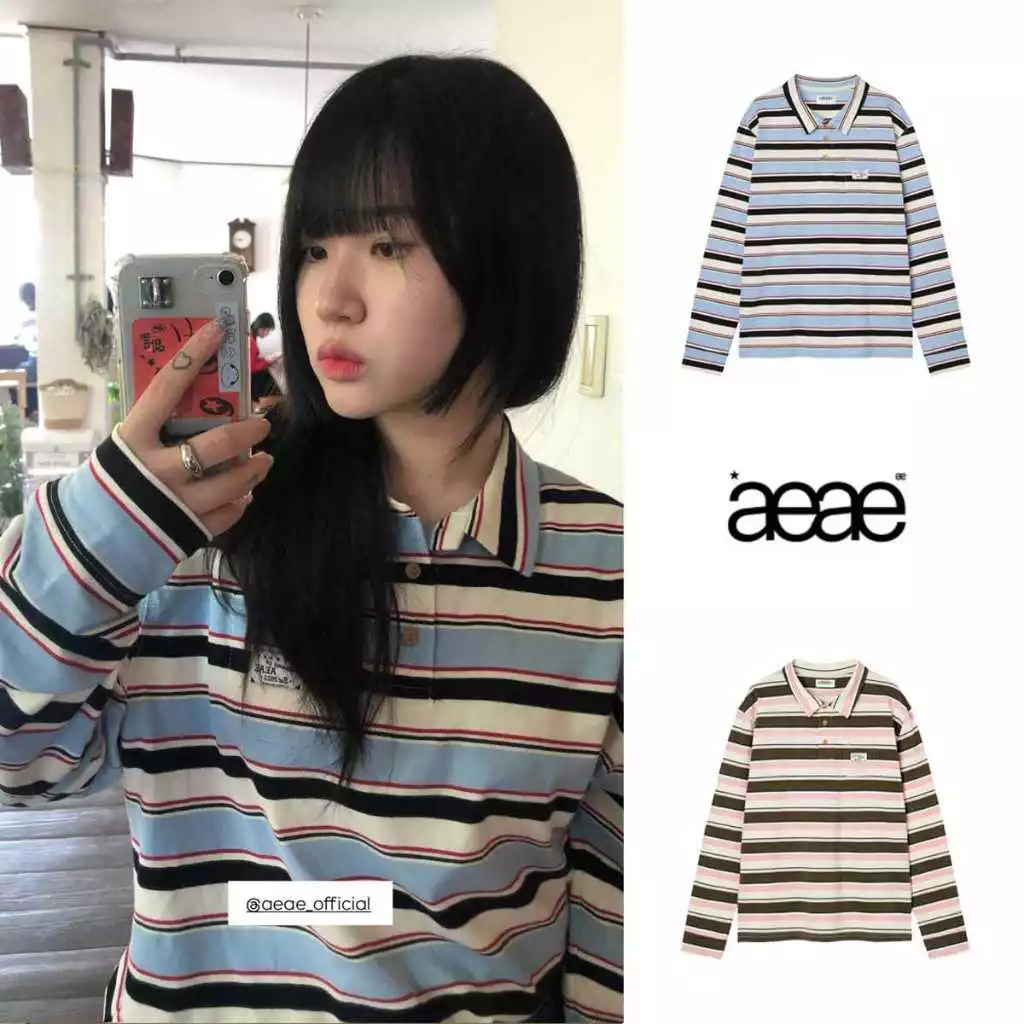 Mua hộ Hàn Quốc T Áo thun aeae  sọc gió đơn giản polo Cổ cotton lỏng lẻo cặp vợ chồng áo dài tay áo mùa thu ngôi sao cùn