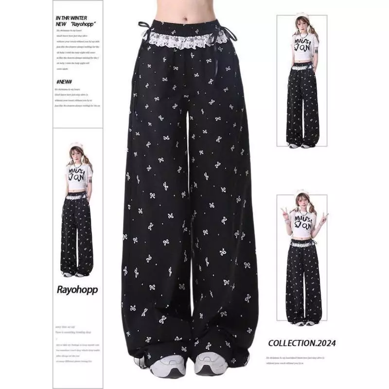 Quần ống rộng dây rút phối ren đính nơ chất dù nhăn in nơ Collection 2025 cho nữ Women